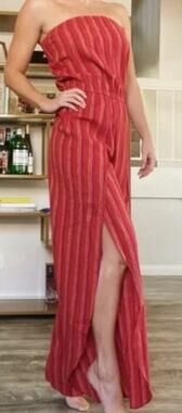 Drew at Anthropologie Red Multistripe Linen Blend Jumpsuit sz M